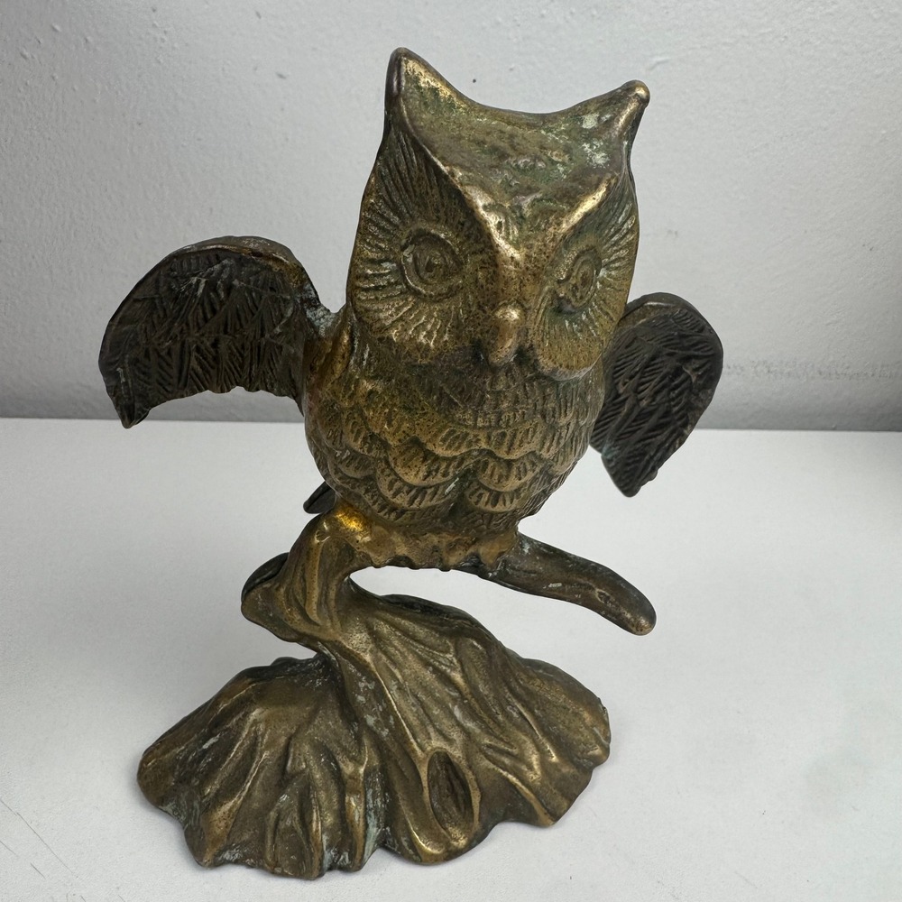 Vintage Brass Owl Figurine Statue Wings Spread Perched on Branch 5.5 Inch